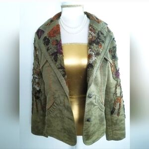 SEANDARA Olive Green Microsuede Embroidered Beaded Boho Blazer Jacket